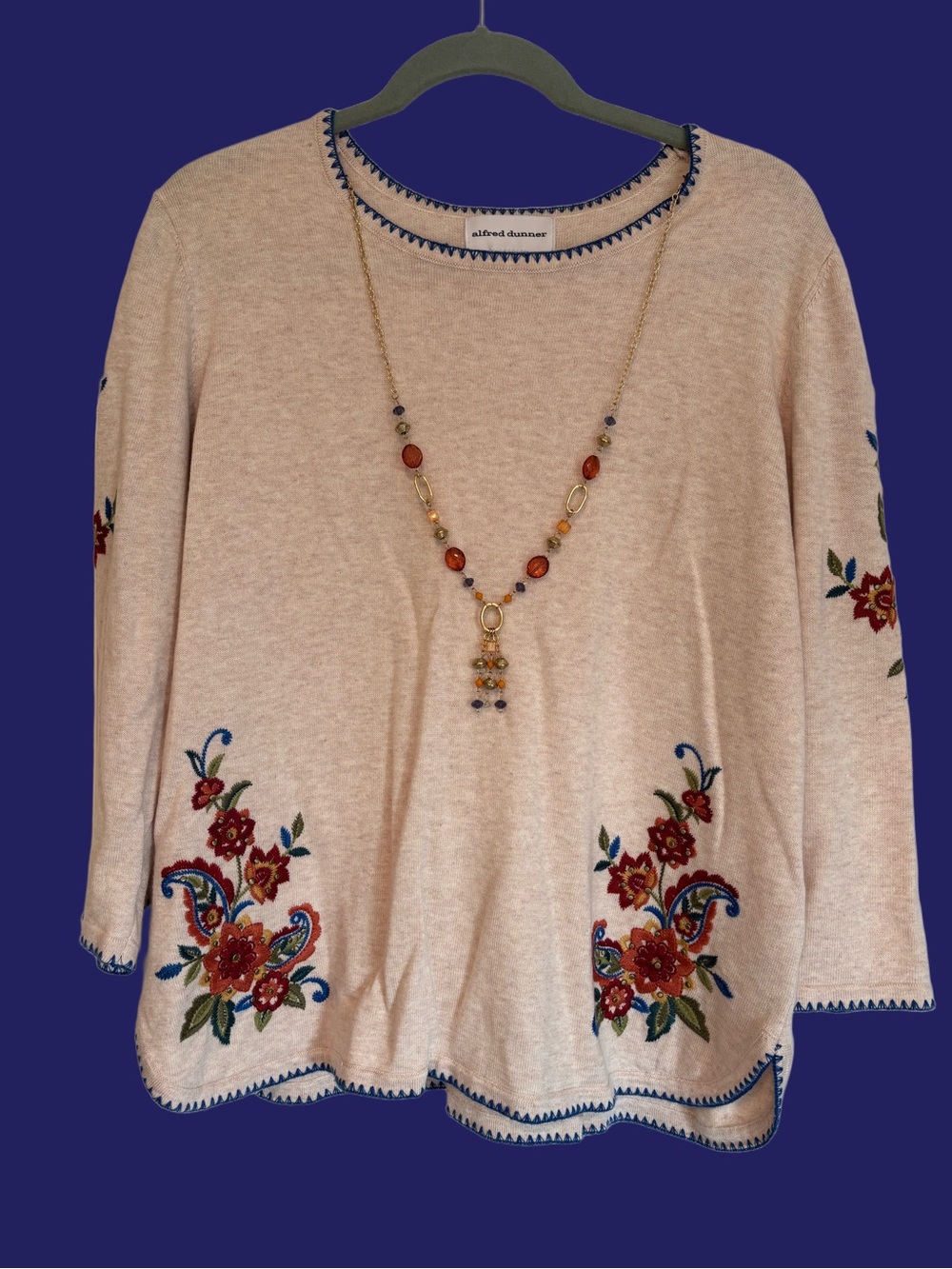 Alfred Dunner Cream Lightweight Sweater with Floral Embroidery & Necklace Large